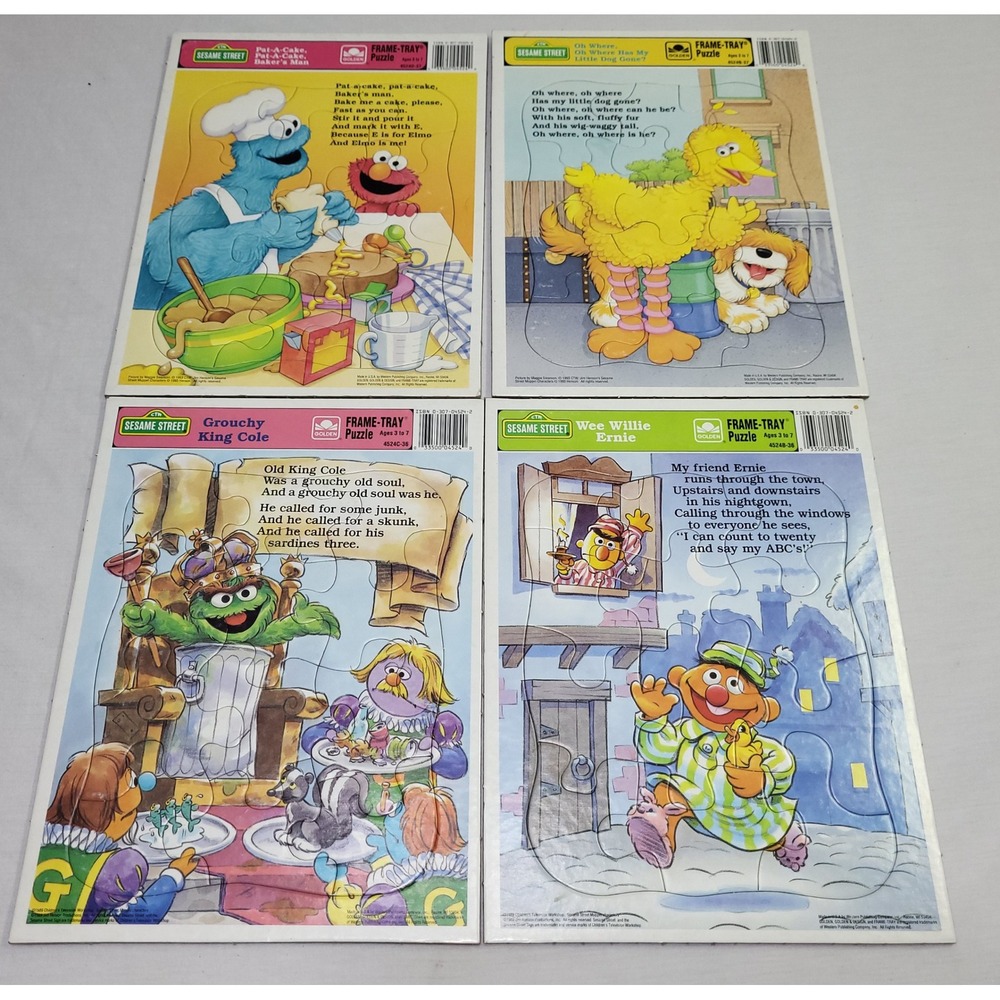 Golden Sesame Street Frame-Tray Puzzles Kids 4pk Multicolor Vintage 1989 93
